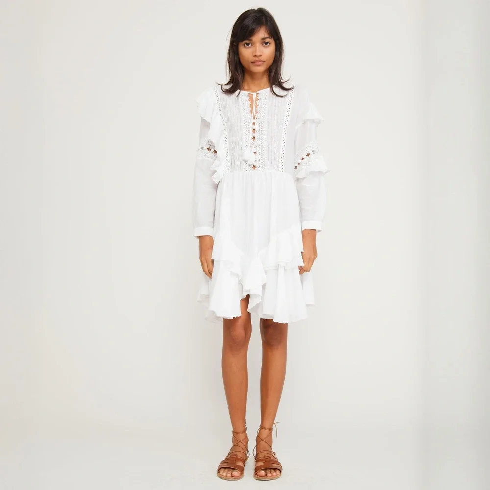 Sea New York Tie Neck Mini Dress White Size 4 Ruffle, Pom-Pom & Tassel Accents - Picture 12 of 14